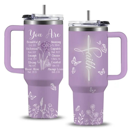 Women's 40oz Sturdy Transparent Vacuum Flask Tumbler with Handle - Purple Christian Beach & Coffee Drinkware, Spiritual Encouragement Gift for Mom, Birthday, Christmas