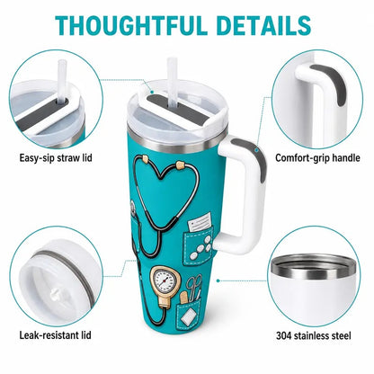 Nurse Gifts for Women 40oz Insulated Stainless Steel Tumbler with Handle and Straw, Nurse Nutrition Facts Water Cup, Nurses Week Appreciation Gift