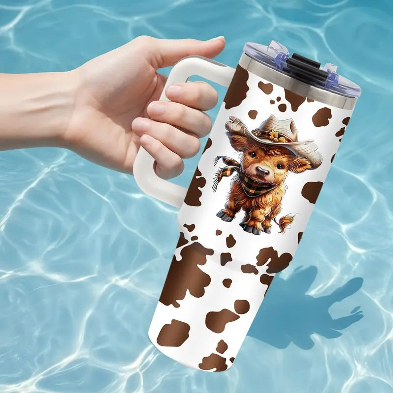 1pc 40oz Stainless Steel Insulated Highland Cattle Cow Tumbler - Vacuum Flask Travel Drinkware with Lid & Straw, Must-Have Gift for Cow Lovers, Mom & Friend, Stainless Steel Flask, Animal-Themed Portable Drinkware