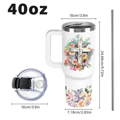 40oz Vacuum Flask Christian Women's Tumbler with Handle & Straw - Transparent Coffee Water Bottle, Faith-Inspired Religious Gift for Mom, Friends