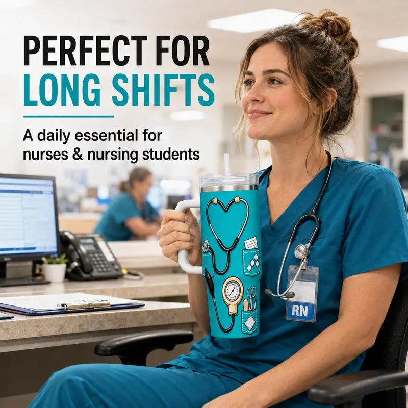 Nurse Gifts for Women 40oz Insulated Stainless Steel Tumbler with Handle and Straw, Nurse Nutrition Facts Water Cup, Nurses Week Appreciation Gift
