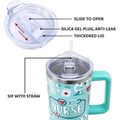 40oz Stainless Steel Printed Insulated Nurse Vacuum Flask Bottle - Anti-Leak Indoor Drinkware with Lid, Straw - Nursing Student Gifts for Valentines, Mothers Day, Portable Kitchenware for Coffee