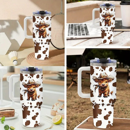 1pc 40oz Stainless Steel Insulated Highland Cattle Cow Tumbler - Vacuum Flask Travel Drinkware with Lid & Straw, Must-Have Gift for Cow Lovers, Mom & Friend, Stainless Steel Flask, Animal-Themed Portable Drinkware