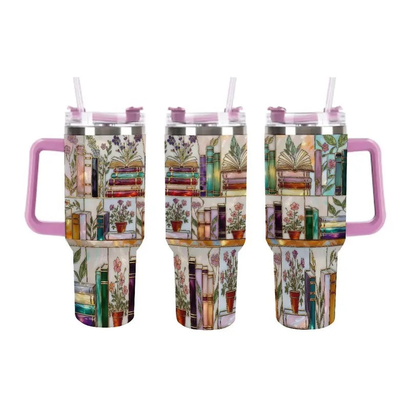 Stained-Glass Book Design 40oz Tumbler,Flat 2D Printed Floral Bookshelf Tumbler, Book Lover Gift, Bookish Cup, Library Cup, Tea Cup, Coffee Mug, Gift for Friends, Kitchen Drinkware