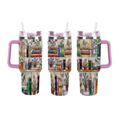 Stained-Glass Book Design 40oz Tumbler,Flat 2D Printed Floral Bookshelf Tumbler, Book Lover Gift, Bookish Cup, Library Cup, Tea Cup, Coffee Mug, Gift for Friends, Kitchen Drinkware