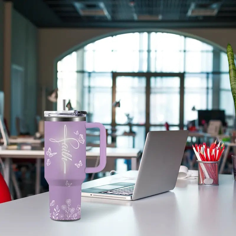 Women's 40oz Sturdy Transparent Vacuum Flask Tumbler with Handle - Purple Christian Beach & Coffee Drinkware, Spiritual Encouragement Gift for Mom, Birthday, Christmas
