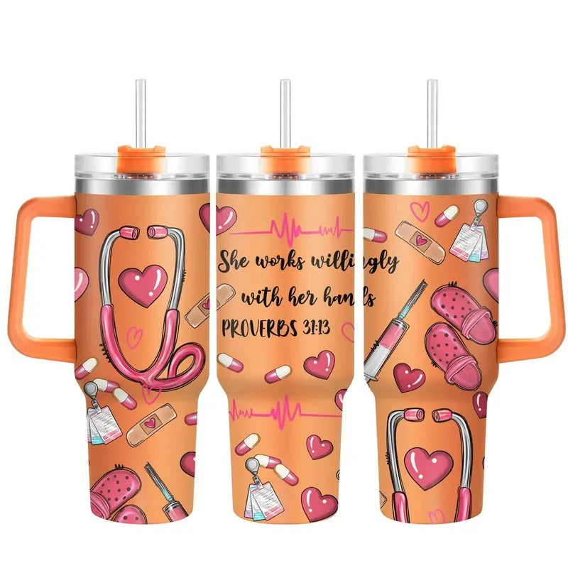 Nurse Pattern 40oz Insulated Coffee Tumbler with Lid, 1 Count Stainless Steel Water Bottle, Drinking Cup for Home Office School, Gift for Nurse, Birthday Gift, Drinkware, Insulated Tumblers
