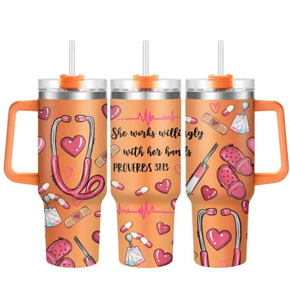 Nurse Pattern 40oz Insulated Coffee Tumbler with Lid, 1 Count Stainless Steel Water Bottle, Drinking Cup for Home Office School, Gift for Nurse, Birthday Gift, Drinkware, Insulated Tumblers