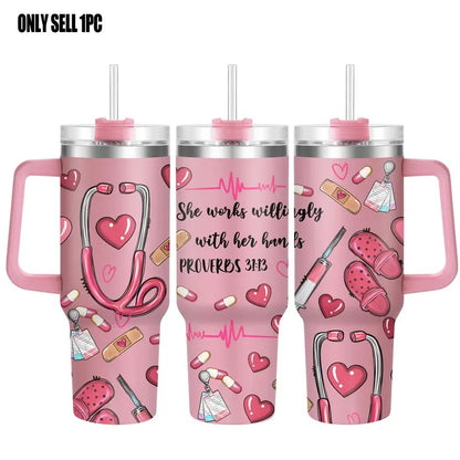 Nurse Pattern 40oz Insulated Coffee Tumbler with Lid, 1 Count Stainless Steel Water Bottle, Drinking Cup for Home Office School, Gift for Nurse, Birthday Gift, Drinkware, Insulated Tumblers