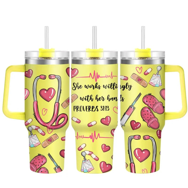 Nurse Pattern 40oz Insulated Coffee Tumbler with Lid, 1 Count Stainless Steel Water Bottle, Drinking Cup for Home Office School, Gift for Nurse, Birthday Gift, Drinkware, Insulated Tumblers