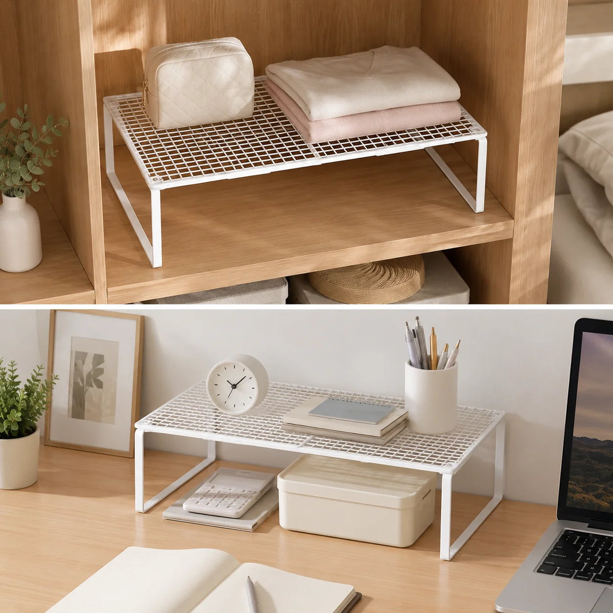 Expandable Cabinet Shelf Riser, No-Drill Metal Kitchen Shelf (3 Widths)