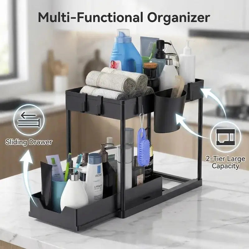 No-Drill Under Sink Organizer, 2-Tier Pull-Out Shelf