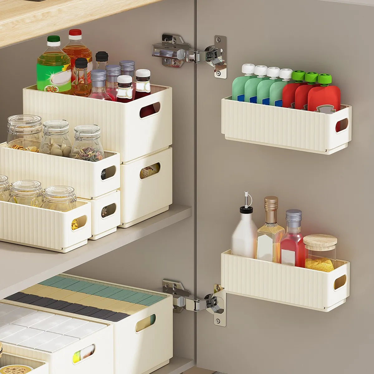 No-Drill Adhesive Cabinet Door Storage Boxes, Foldable Spice Organizer, Set of 2