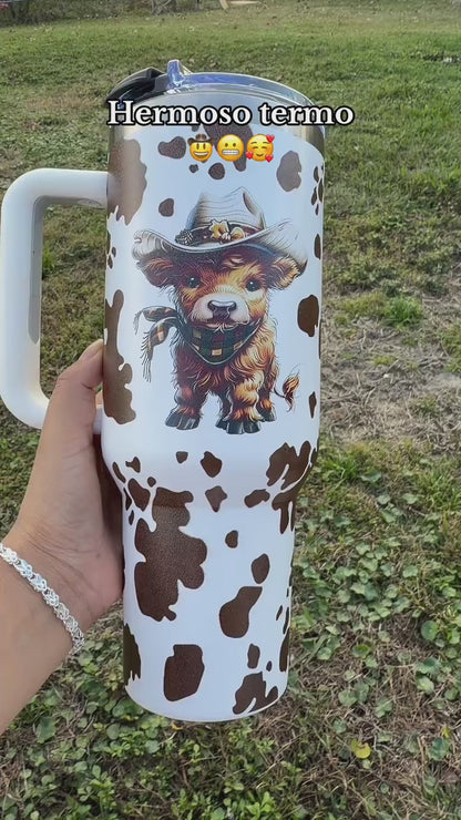 1pc 40oz Stainless Steel Insulated Highland Cattle Cow Tumbler - Vacuum Flask Travel Drinkware with Lid & Straw, Must-Have Gift for Cow Lovers, Mom & Friend, Stainless Steel Flask, Animal-Themed Portable Drinkware