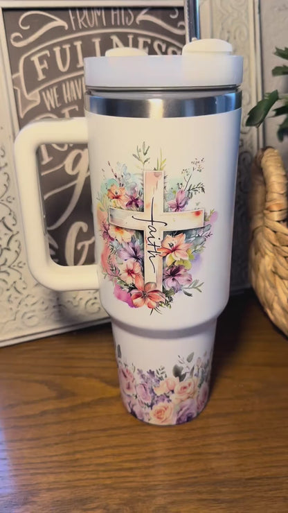 40oz Vacuum Flask Christian Women's Tumbler with Handle & Straw - Transparent Coffee Water Bottle, Faith-Inspired Religious Gift for Mom, Friends